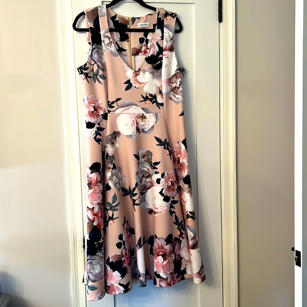 Floral v-neck flare dress with gold zipper hardware on back